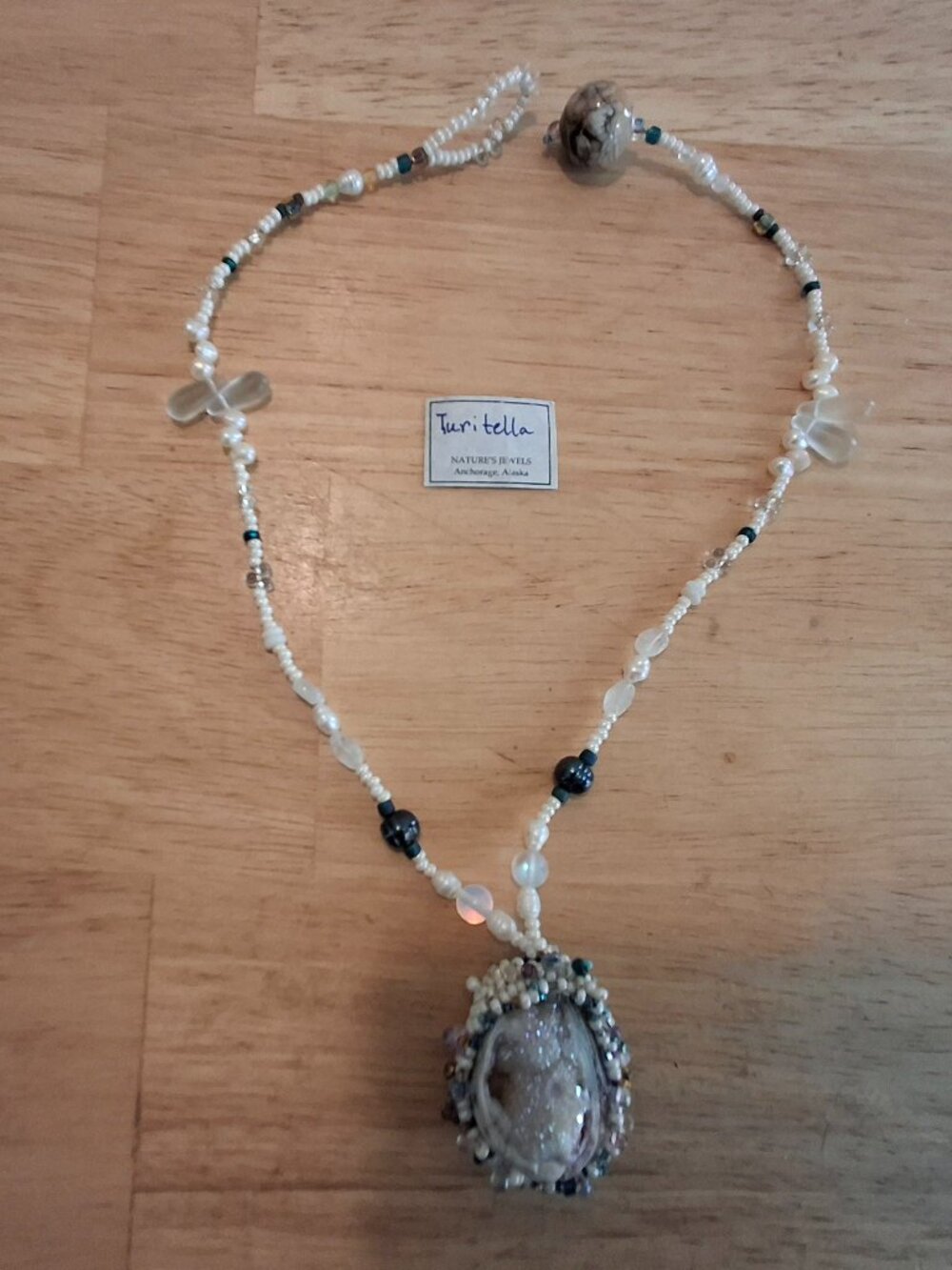 TURITELLA AGATE Signed Beaded Necklace Fossil Stone Pendant Natures Jewels AK
